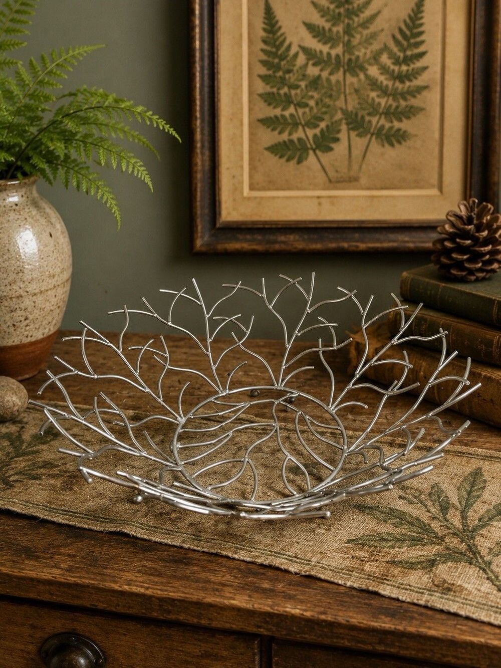 Modern Silver Metal Branch Leaf Fruit Bowl Centerpiece Basket Decorative Dish